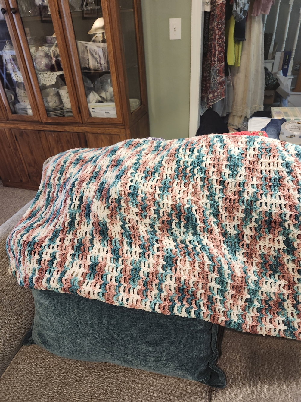 Handmade Crochet Throw Blanket in Teal, Coral & Cream